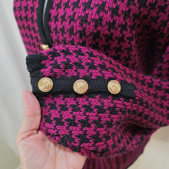 Vintage Mario Forte Fuchsia Black Houndstooth Button-down Cardigan Sweater, Med - Picture 4 of 9